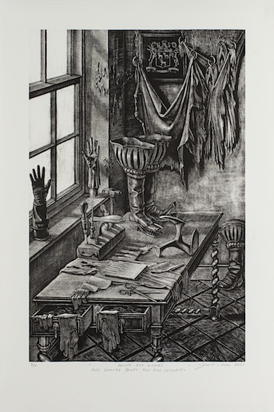 David O´Kane: 
Gloves for Ladies and Summer Boots for Fine Gentlemen, 2017, 
manière noire lithograph,motif size 32 x 21.5 cm, paper size 56 x 38 cm, 
edition 3 of 10. From the series A Modest Proposal. 
Inspired by Jonathan Swift.

